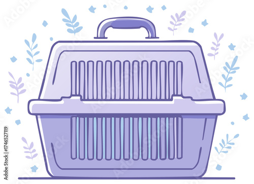 Pastel pet carrier illustration for animal transport and travel surrounded by floral accents, lightweight pet travel crate