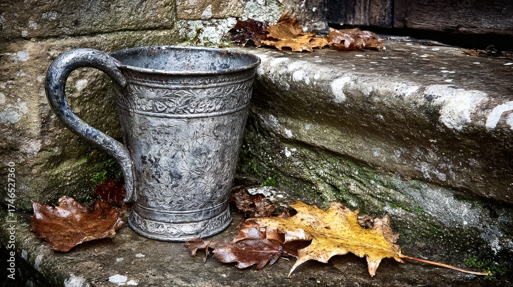 Obraz premium Vintage pewter tankard with ornate engraving rests on weathered stone steps surrounded by fallen autumn leaves, evoking rustic charm and historical ambiance.
