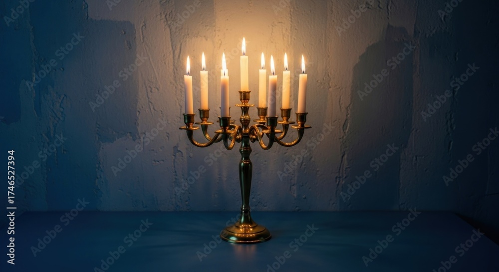 Fototapeta premium Brass candelabra with nine lit candles casting a warm glow in a dark room