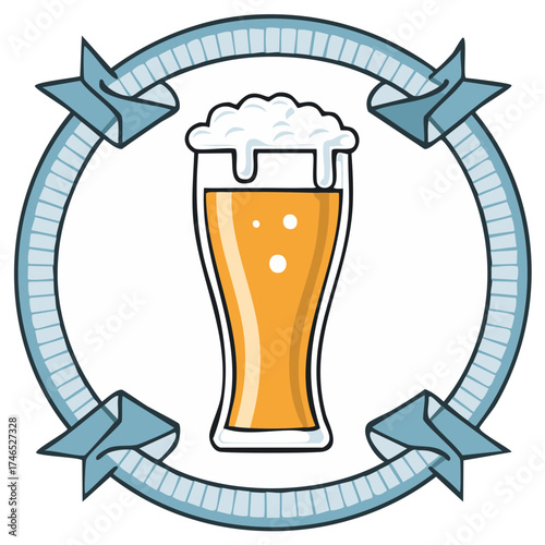 Brewery logo concept with a frothy glass of ale in a circular banner award seal