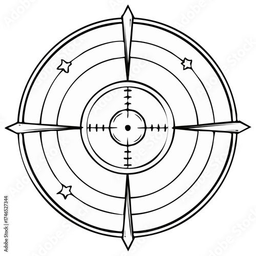Stylized Crosshair with Target Rings and Stars Graphic