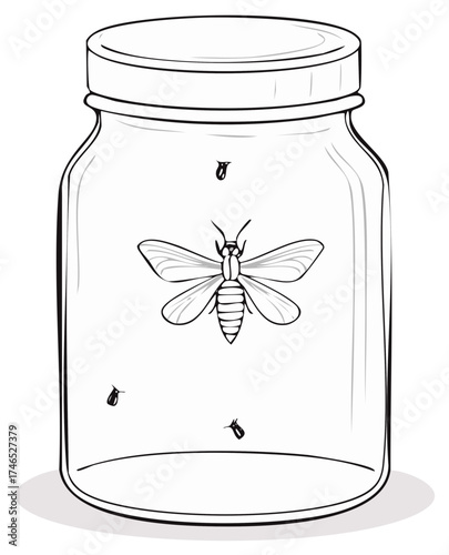 Outline Illustration of Fireflies in Glass Jar Isolated on White Background