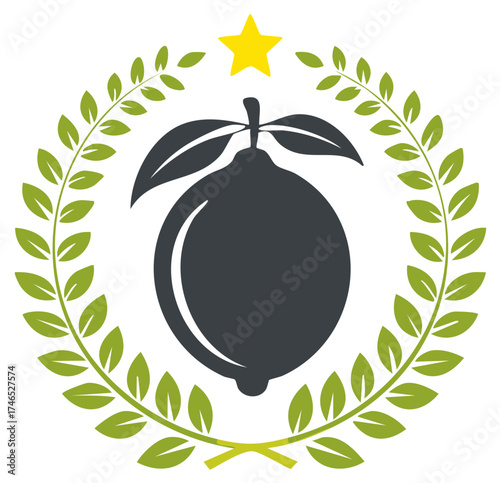 Elegant Lemon Emblem Featuring Foliage Wreath and Shining Star Symbol