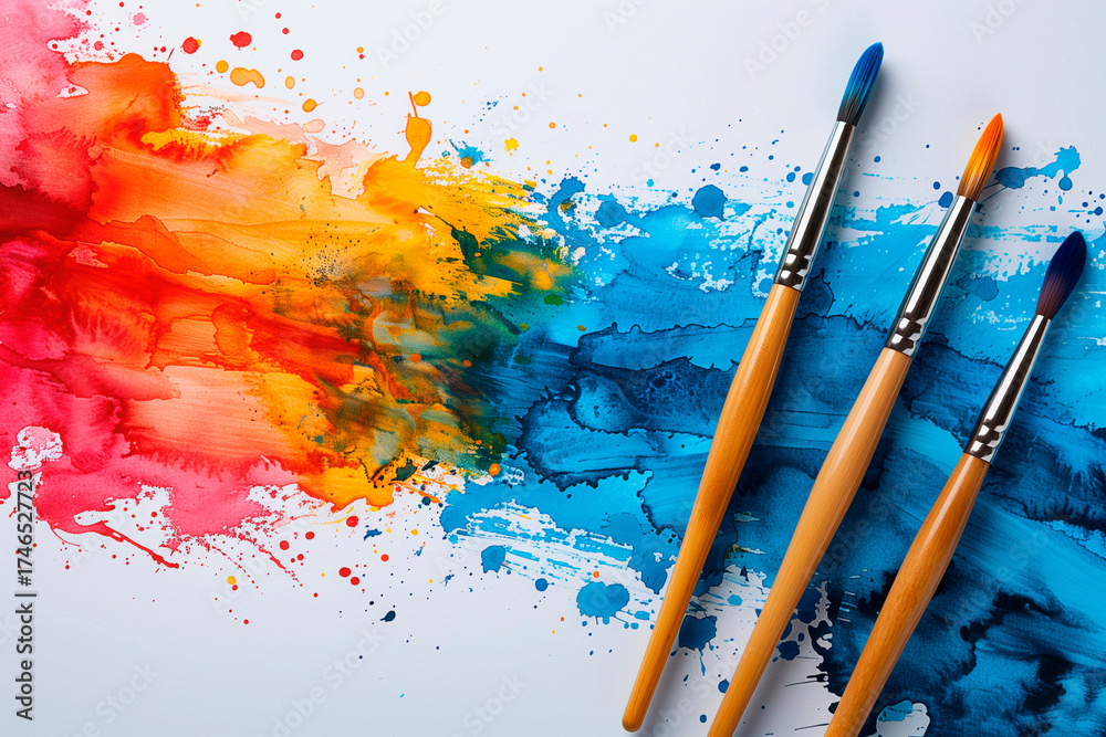Fototapeta premium Colorful watercolor splash with paintbrushes on white background, copy space for text