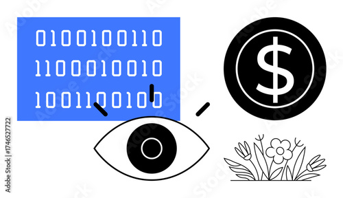 Eye near binary code, dollar coin, and flower symbolizing surveillance, data, and financial ecology. Ideal for technology, finance, sustainability, growth innovation digitalization simple flat