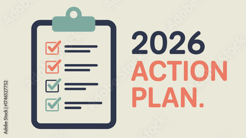 A clipboard with checkmarks and lines next to the text 2026 action plan on a light background