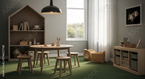 Wallpaper Mural Bright, modern playroom with wooden table, stools, shelving, green carpet, window Torontodigital.ca