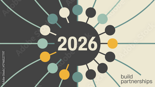 Abstract graphic with year and partnerships, showing connections with lines and circles design