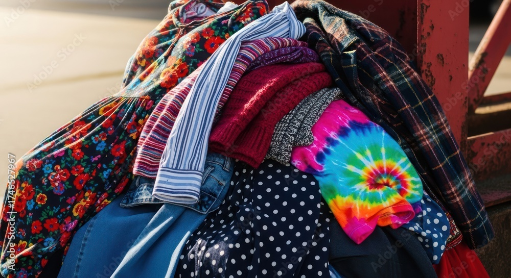 Obraz premium Bright, varied clothing heap floral dress, striped shirt, tie-dye, denim, sweaters