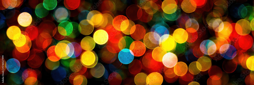 Naklejka premium Colorful bokeh lights glow, festive holiday backdrop with warm cheer