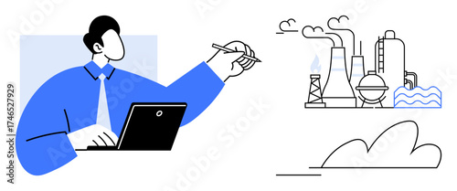 Male professional working on a laptop, pointing a stylus toward factory buildings and chimneys emitting smoke. Ideal for industry, climate change, analysis, innovation, pollution, business, strategy