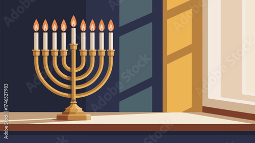 A menorah with lit candles on a table near a window casting shadows on the wall behind it nicely lit