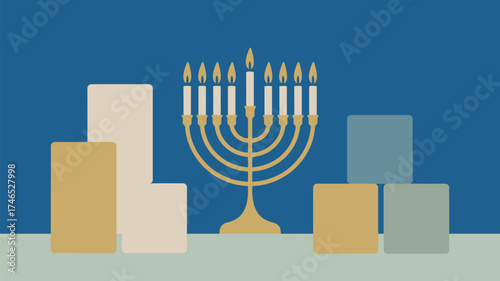 A hanukkah menorah with lit candles and dreidels on a table against a blue background illustration