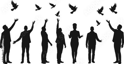 Silhouette people releasing doves flying in sky, freedom peace unity concept, group celebration, hope liberation, cad drawing flat vector illustration