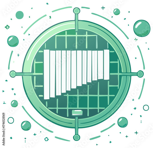 Abstract green musical instrument icon with evolving sound wave elements inside a futuristic circle