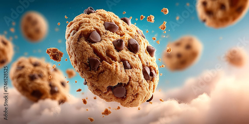 Chocolate Chip Cookies Flying and Falling Through a Cloudy Sky