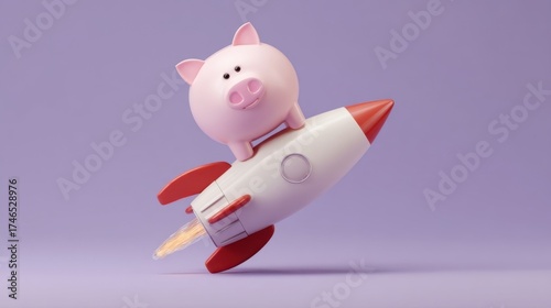 A cartoon pig rides a white rocket ship with red fins against a purple backdrop, propelled by orange flames at the tail.