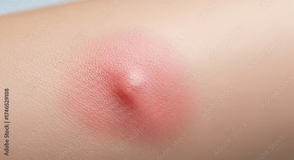 Fototapeta premium Close-up of human skin showing a red, inflamed, swollen bump or insect bite