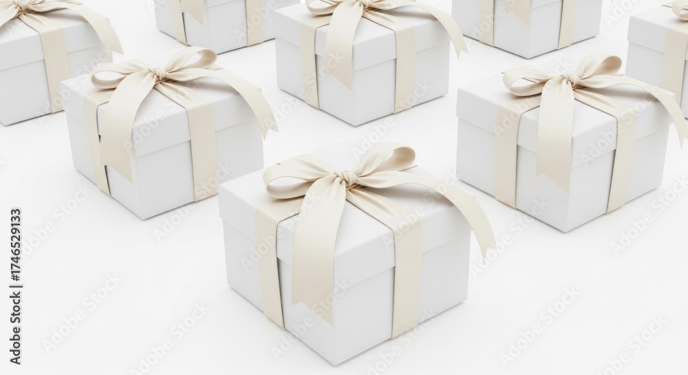 Fototapeta premium Close-up of numerous pristine white gift boxes with soft cream ribbons on a bright background