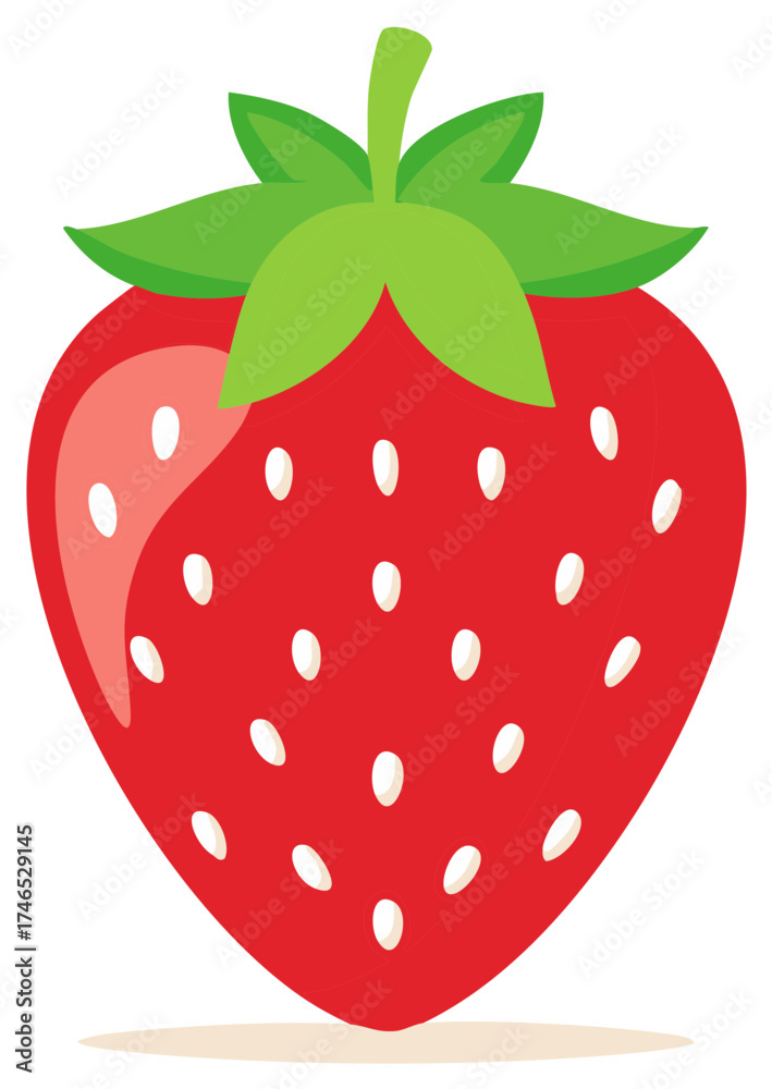 Obraz premium Simple red strawberry fruit with green leaves vector graphic icon
