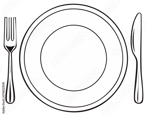 Dinner Setting Graphic Black and White Plate Fork and Knife Utensils