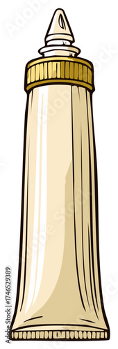 Stylized illustration of a dispensing tube with a pointed cap and gold detailing