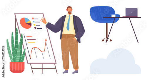 Man explaining business data on flip chart with charts and graphs, desk with laptop in background. Ideal for business, analytics, presentation, teamwork, workspace, strategy, simple flat metaphor