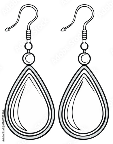 Elegant teardrop earrings dangling with simple line art outline illustration