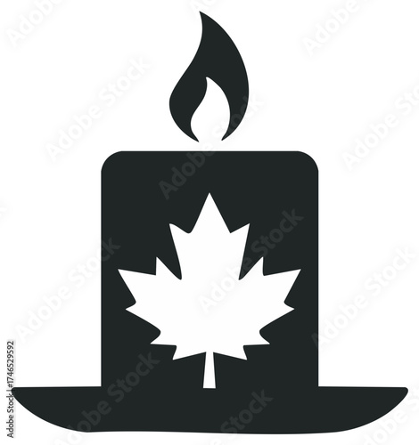 Elegant minimalist black candle icon featuring a distinctive Canadian maple leaf cutout and a burning flame symbol