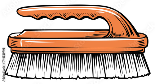 Orange Scrub Brush Illustration: Cleaning Tool, Scrubbing Device, Bristle Implement for Housework, Handheld Cleaning