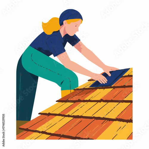 Woman repairing old roof shingles while using tools on rooftop  