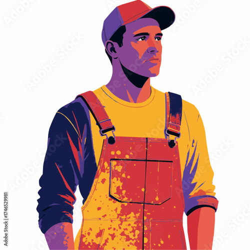 Man wearing dusty overalls with a cap in a modern illustration style  