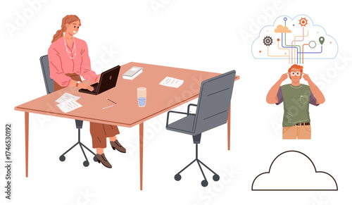 Office employee working on laptop, pondering innovator imagining cloud with interconnected ideas and gears. Ideal for creativity, teamwork, ideation, innovation, communication, collaboration