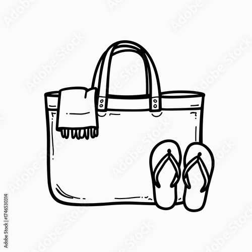 Beach tote bag with towel and flip-flops in minimalist design  