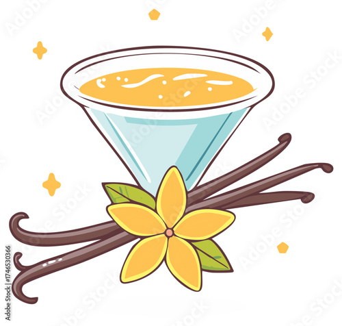 Illustration of a cocktail with vanilla beans and flower