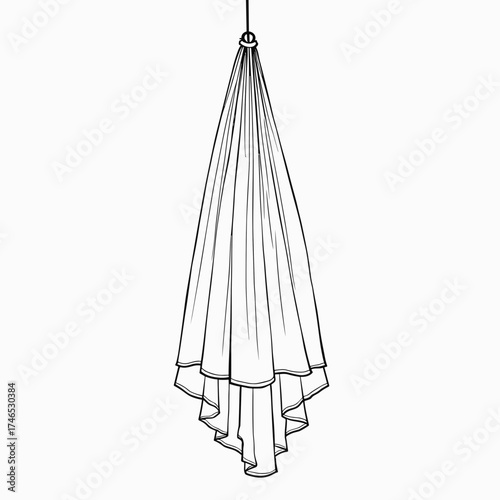 Hanging sheer curtain with layered folds on a white background  