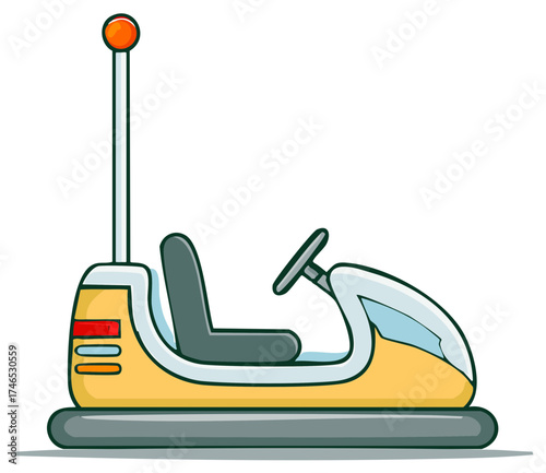 Cartoon-style yellow and gray bumper car with a steering wheel and seat on white