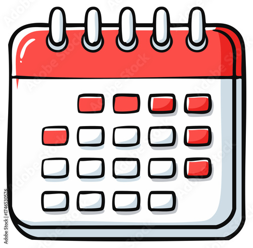 Hand Drawn Red Calendar Page with Marked Dates and Ring Binder Top