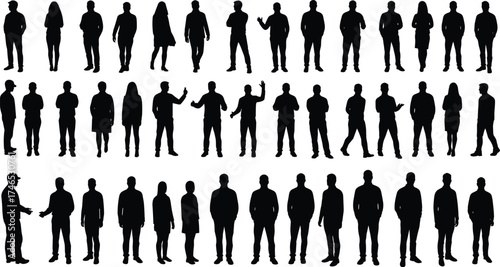 Standing people silhouettes, diverse human postures, casual stances, gestures, body language, group arrangement, lifestyle diversity, generic human figure illustration set