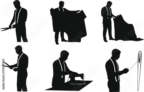 Tailor silhouettes, garment making process, sewing and cutting, fabric measurement, craftsmanship, fashion design, tailoring tools, clothing production, handmade apparel, workshop illustration