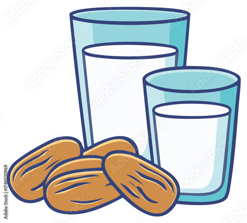 Hand-drawn illustration of two glasses of almond milk with whole almonds