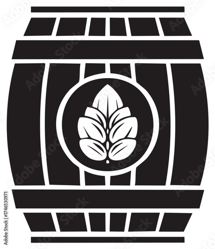 Minimalist Black and White Barrel with Hop Flower, Beverage Icon