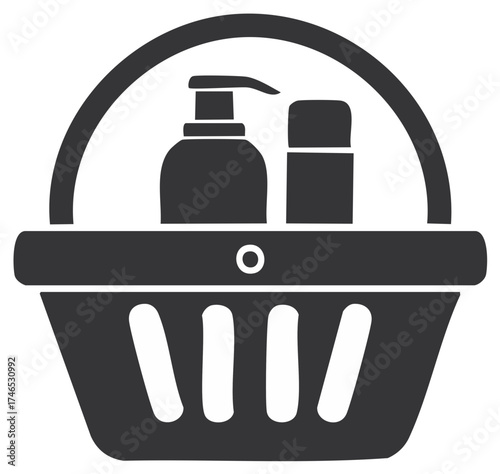 Shopping basket with personal care items, including pump bottle and spray can