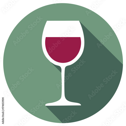 Flat design icon of a wine glass filled with red wine and a long shadow