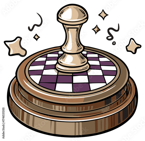 Chess Piece Queen on Board with Geometric Shapes, Strategy, Gaming, Intellectual Game