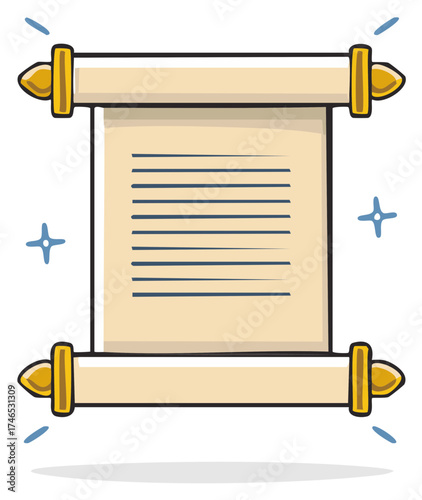 Old parchment scroll with golden holders and magical sparkles antique manuscript document