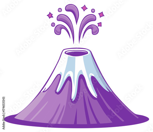 Cartoon Purple Volcano Erupting with Sparkles and Bubbles