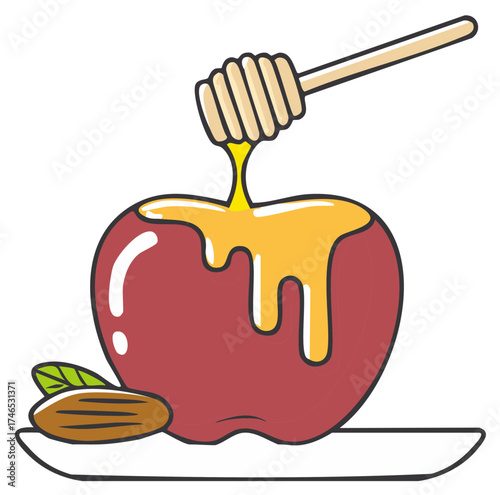 Red Apple with Dripping Honey and Nuts on a Plate