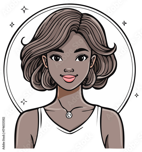 Illustration of a smiling woman with short curly hair and a necklace, surrounded by a circle