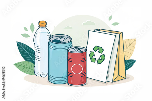 Eco friendly recycling illustration with plastic bottle, can, paper cup and yellow bin – environmental awareness and sustainable lifestyle concept